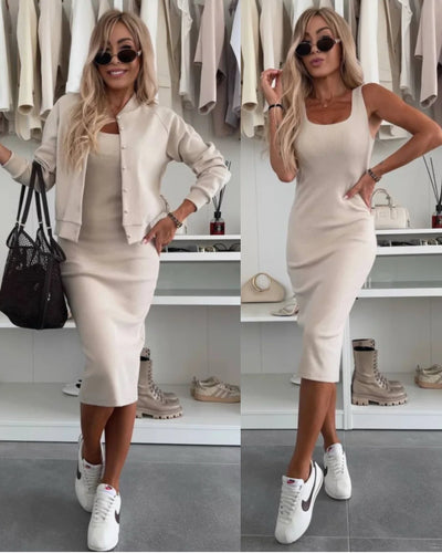 Karin™ | Robe midi en maille côtelée & ensemble de bomber