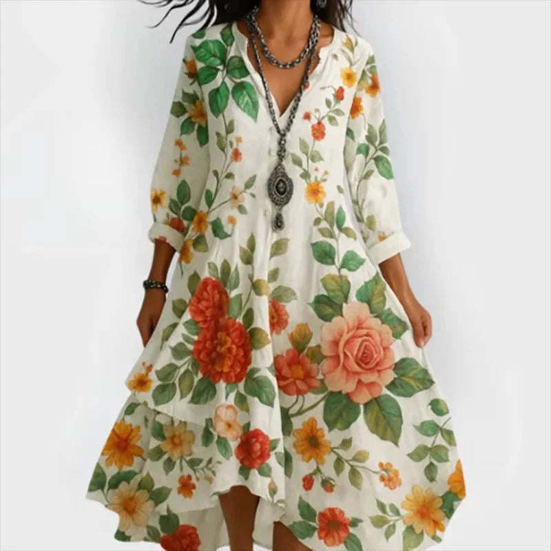 Marina – Robe bohème vintage à fleurs avec décolleté en V