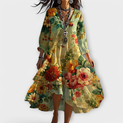 Marina – Robe bohème vintage à fleurs avec décolleté en V